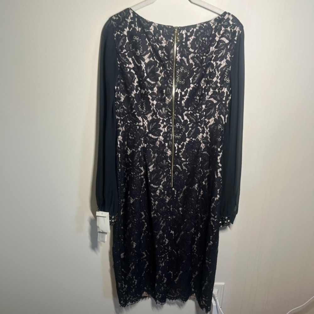 Eliza‎ J Women's Black Tan Floral Lace Sleeve Boatneck Dress Size: 8 Rhinestone - Picture 8 of 9